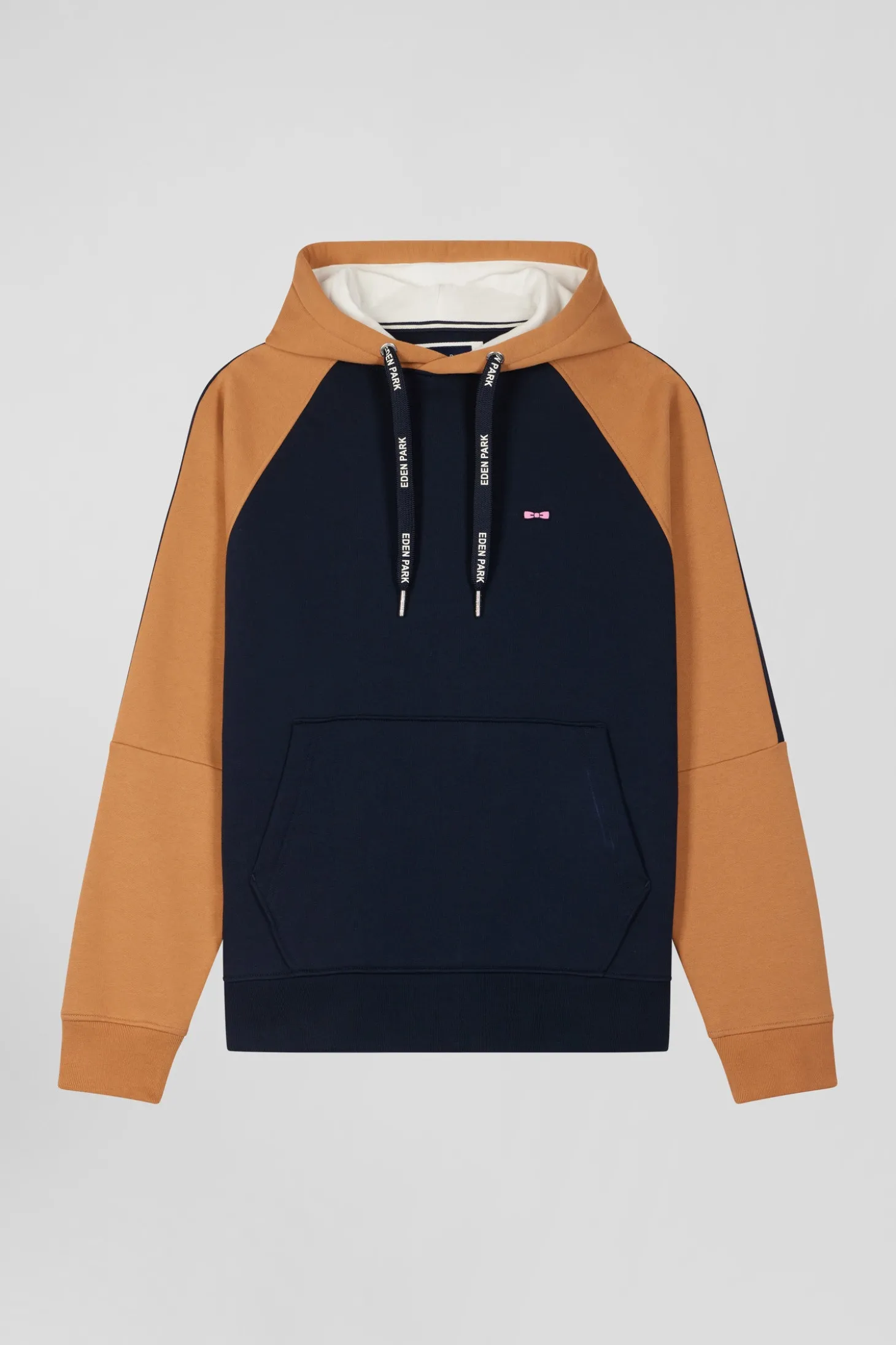 Sweatshirt à capuche en molleton marine et camel cordons de serrage siglés coupe Relaxed
