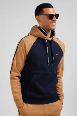 Sweatshirt à capuche en molleton marine et camel cordons de serrage siglés coupe Relaxed
