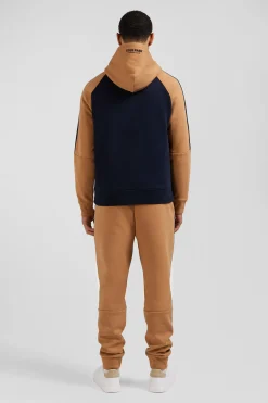 Sweatshirt à capuche en molleton marine et camel cordons de serrage siglés coupe Relaxed