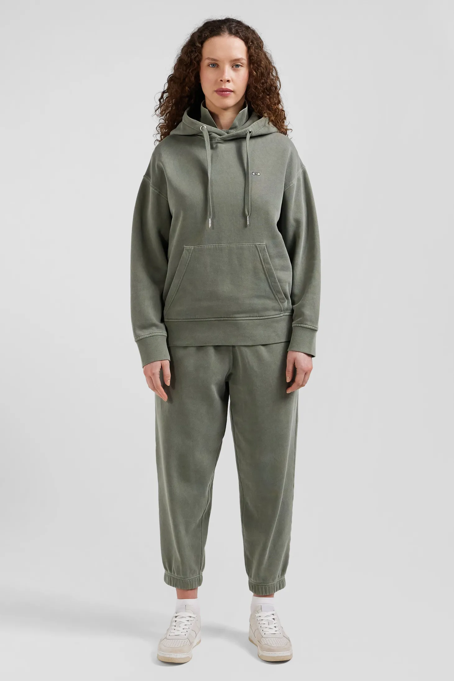 Sweatshirt à capuche unisexe en molleton coton kaki surteint coupe Oversized