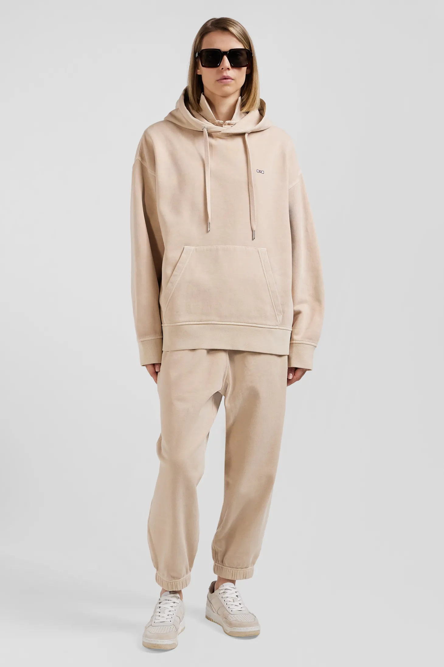 Sweatshirt à capuche unisexe en molleton coton beige surteint coupe Oversized