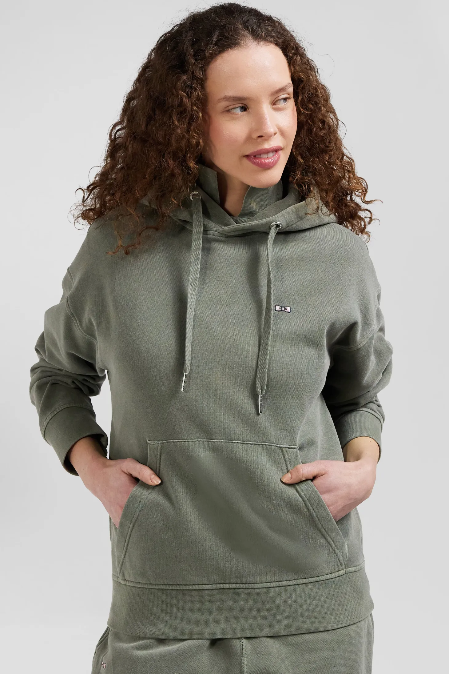 Sweatshirt à capuche unisexe en molleton coton kaki surteint coupe Oversized