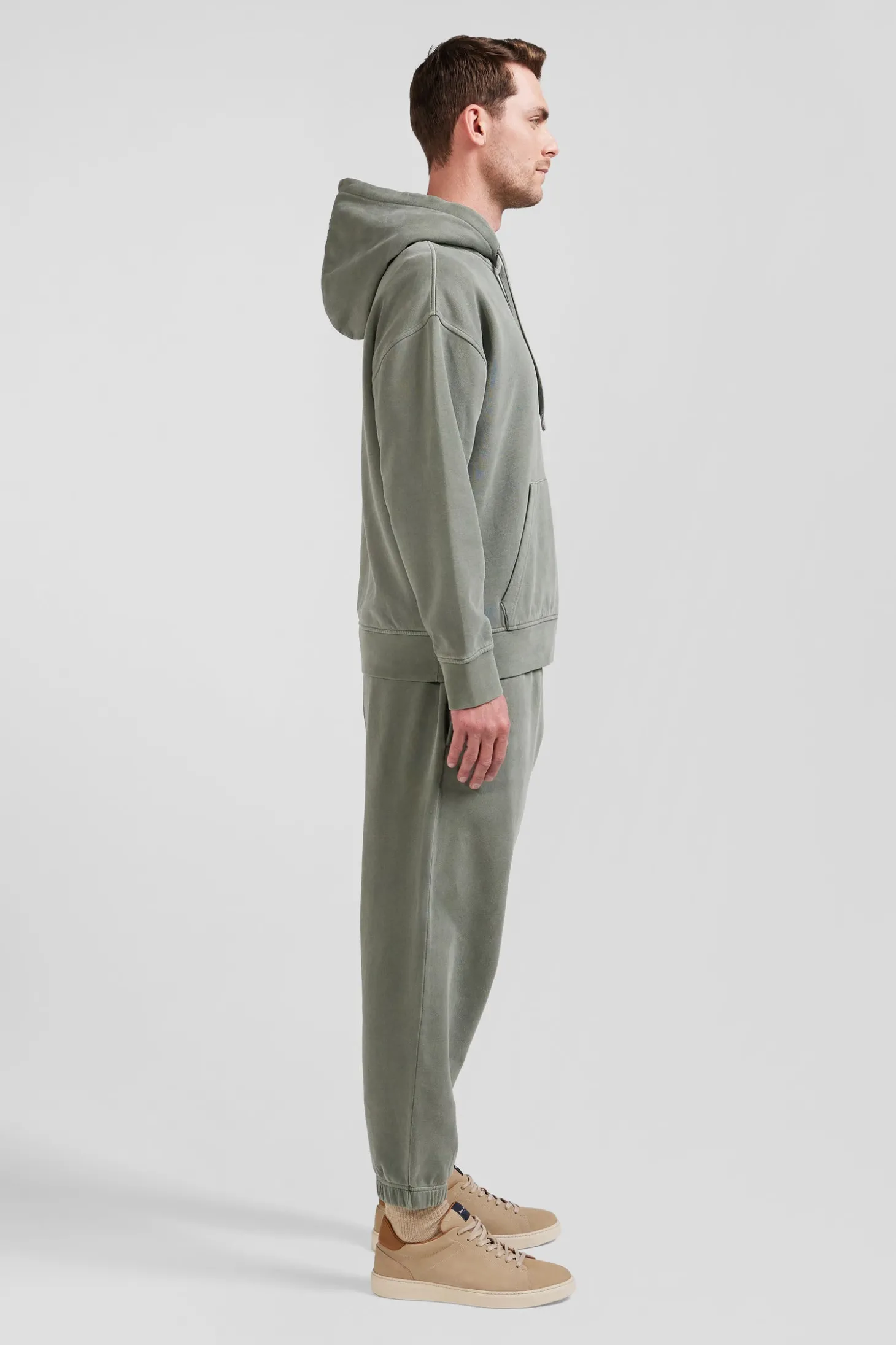Sweatshirt à capuche unisexe en molleton coton kaki surteint coupe Oversized