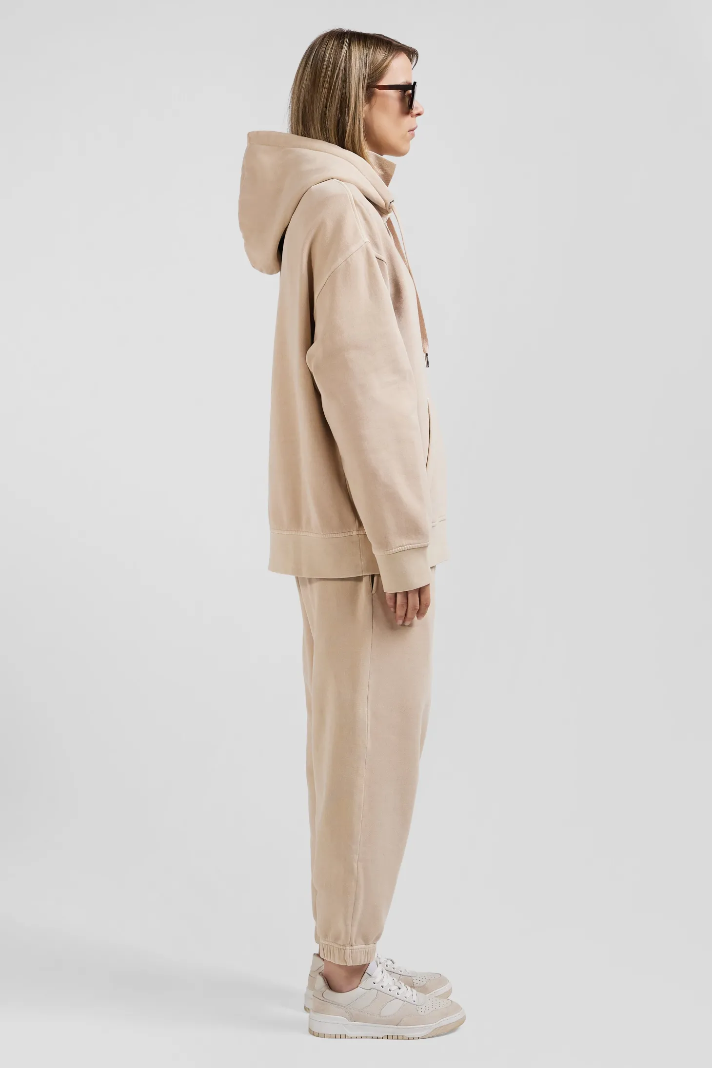 Sweatshirt à capuche unisexe en molleton coton beige surteint coupe Oversized