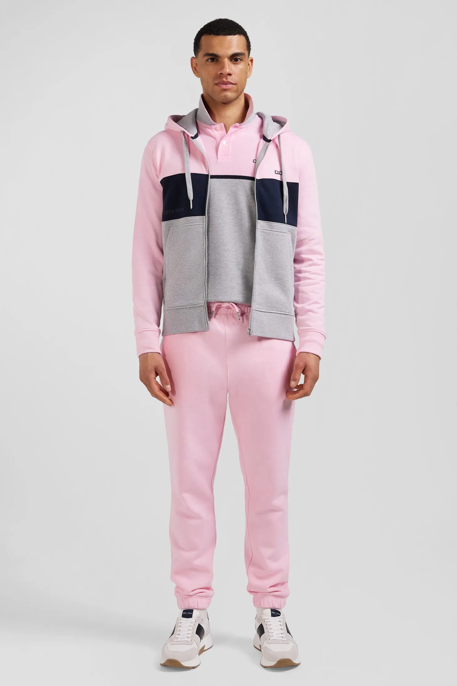 Sweatshirt à capuche zippé colorblock en coton rose coupe Regular
