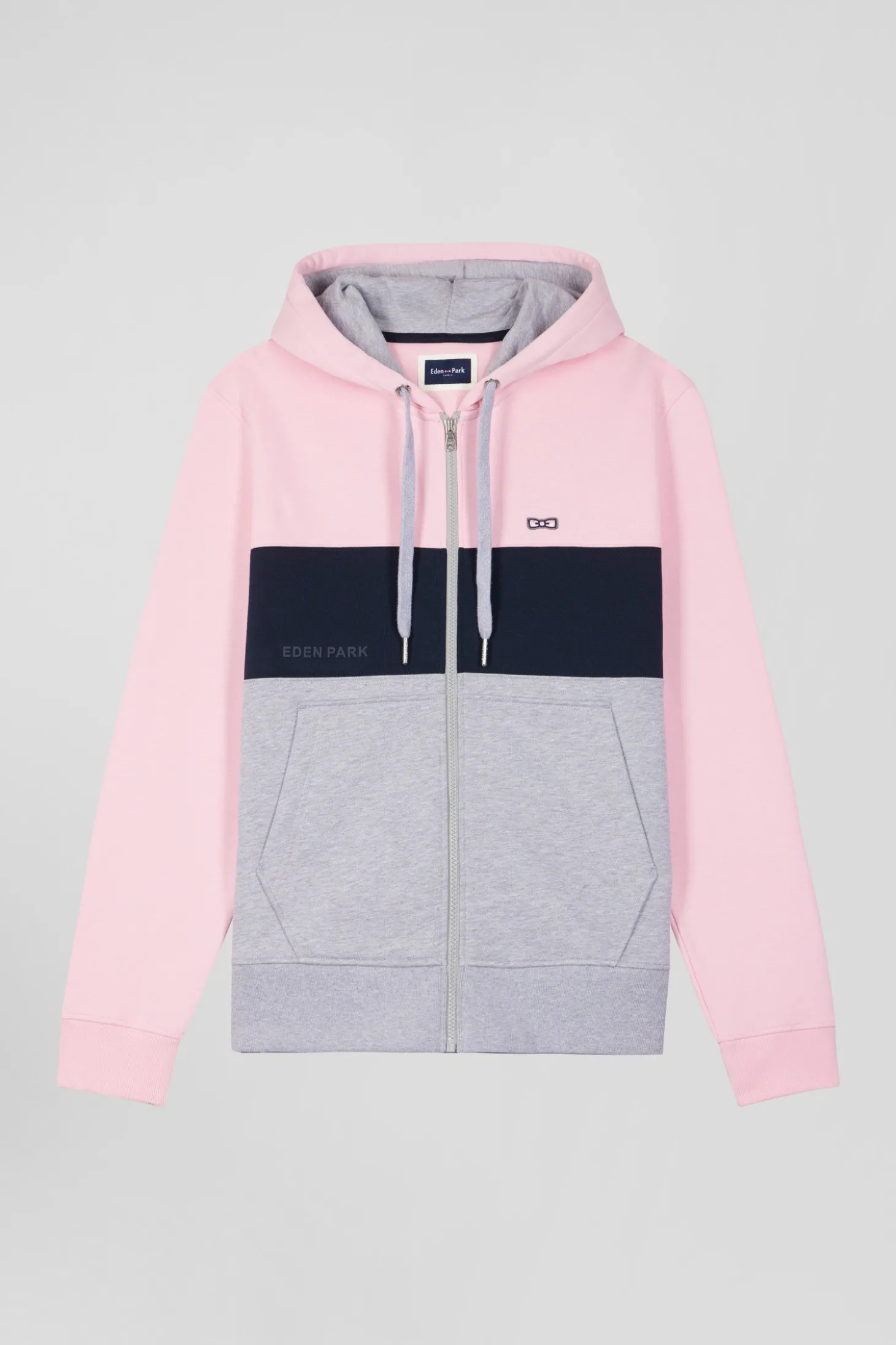Sweatshirt à capuche zippé colorblock en coton rose coupe Regular