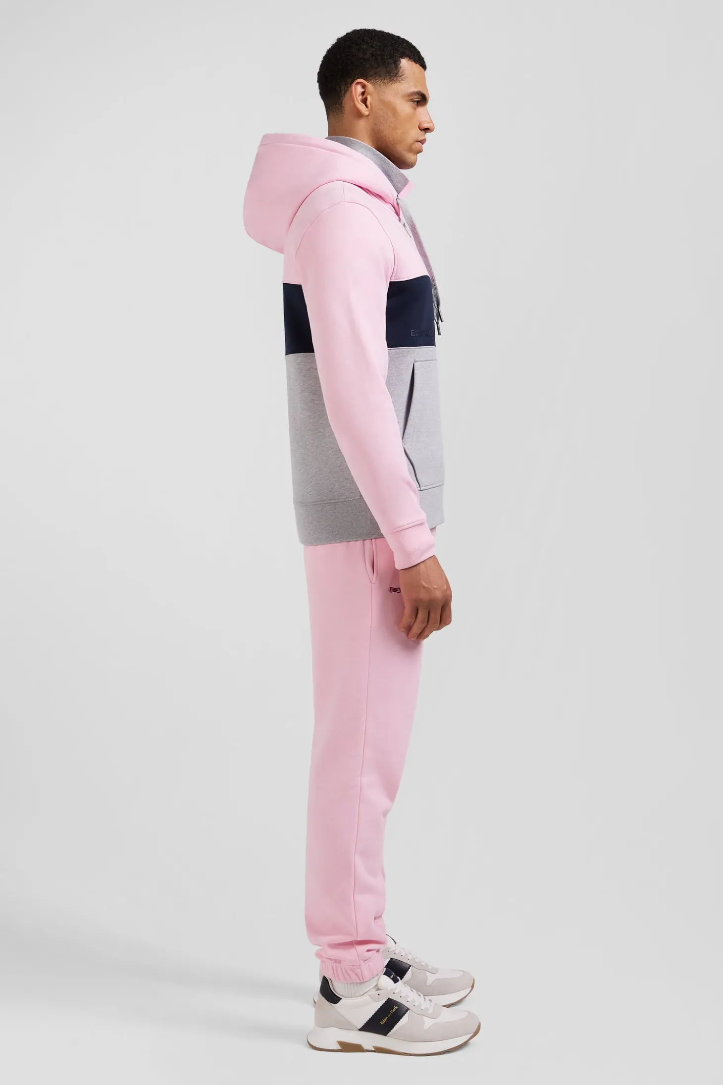 Sweatshirt à capuche zippé colorblock en coton rose coupe Regular