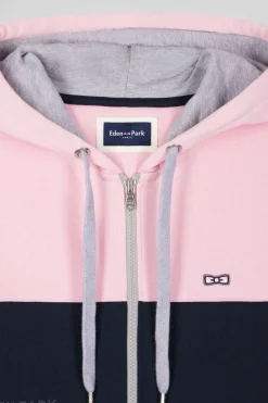 Sweatshirt à capuche zippé colorblock en coton rose coupe Regular