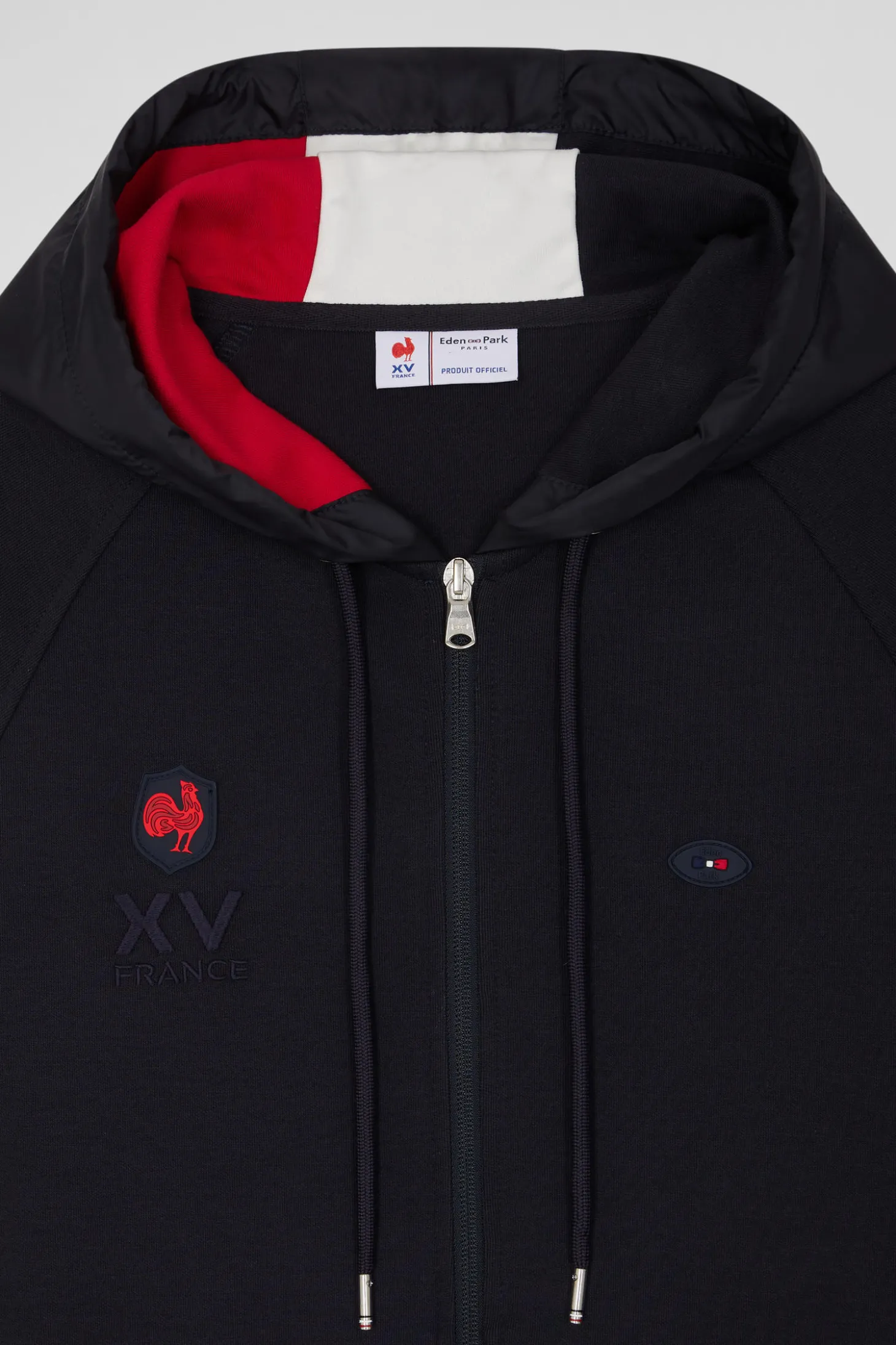 Sweatshirt à capuche zippé XV de France en coton mélangé bleu marine coupe Regular
