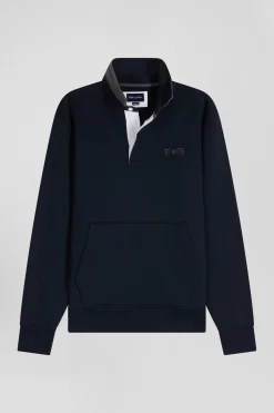 Sweatshirt col maillot en coton mélangé bleu marine coupe Relaxed application tissus carreaux