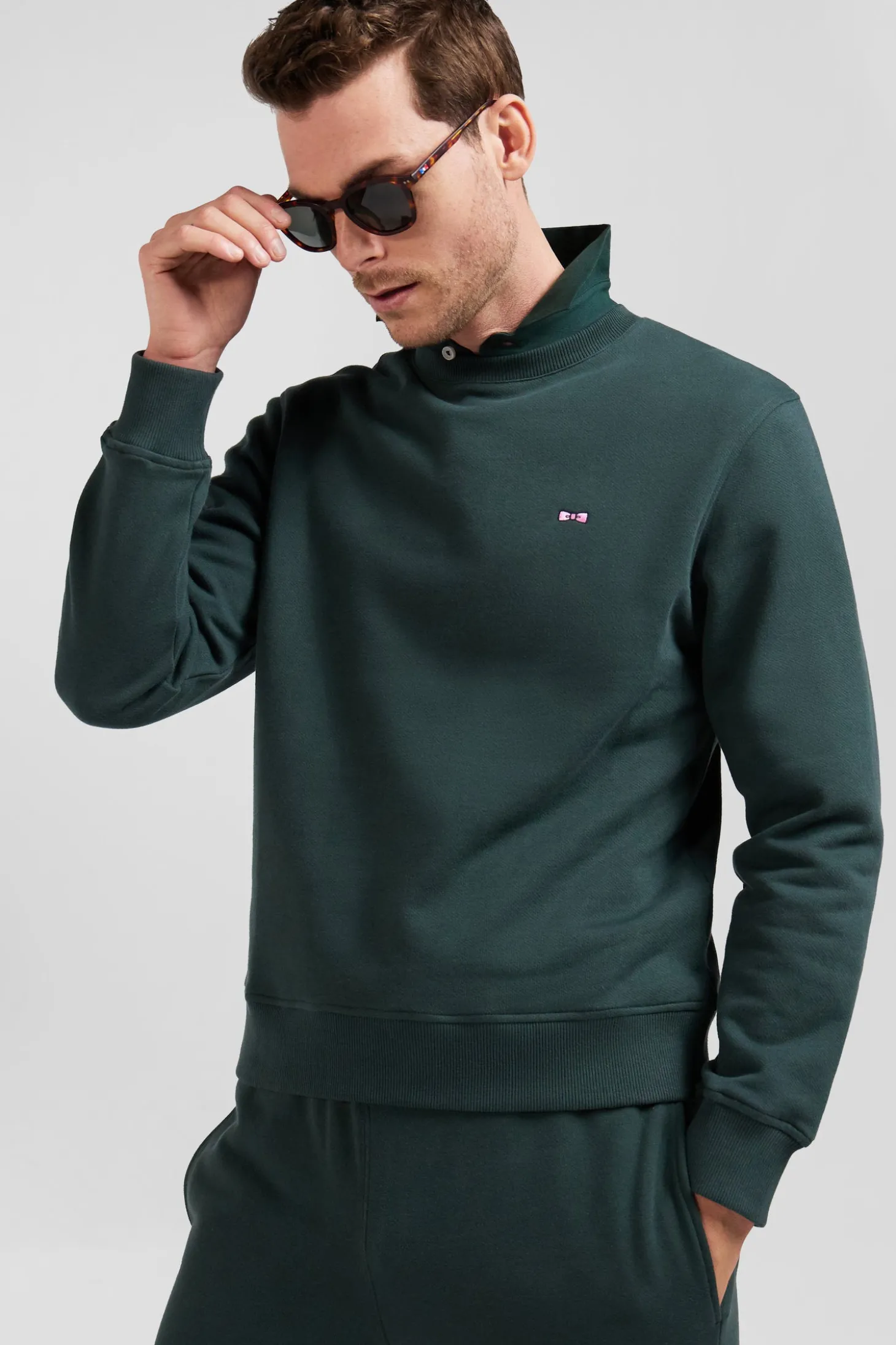 Sweatshirt en molleton coton uni vert coupe Regular