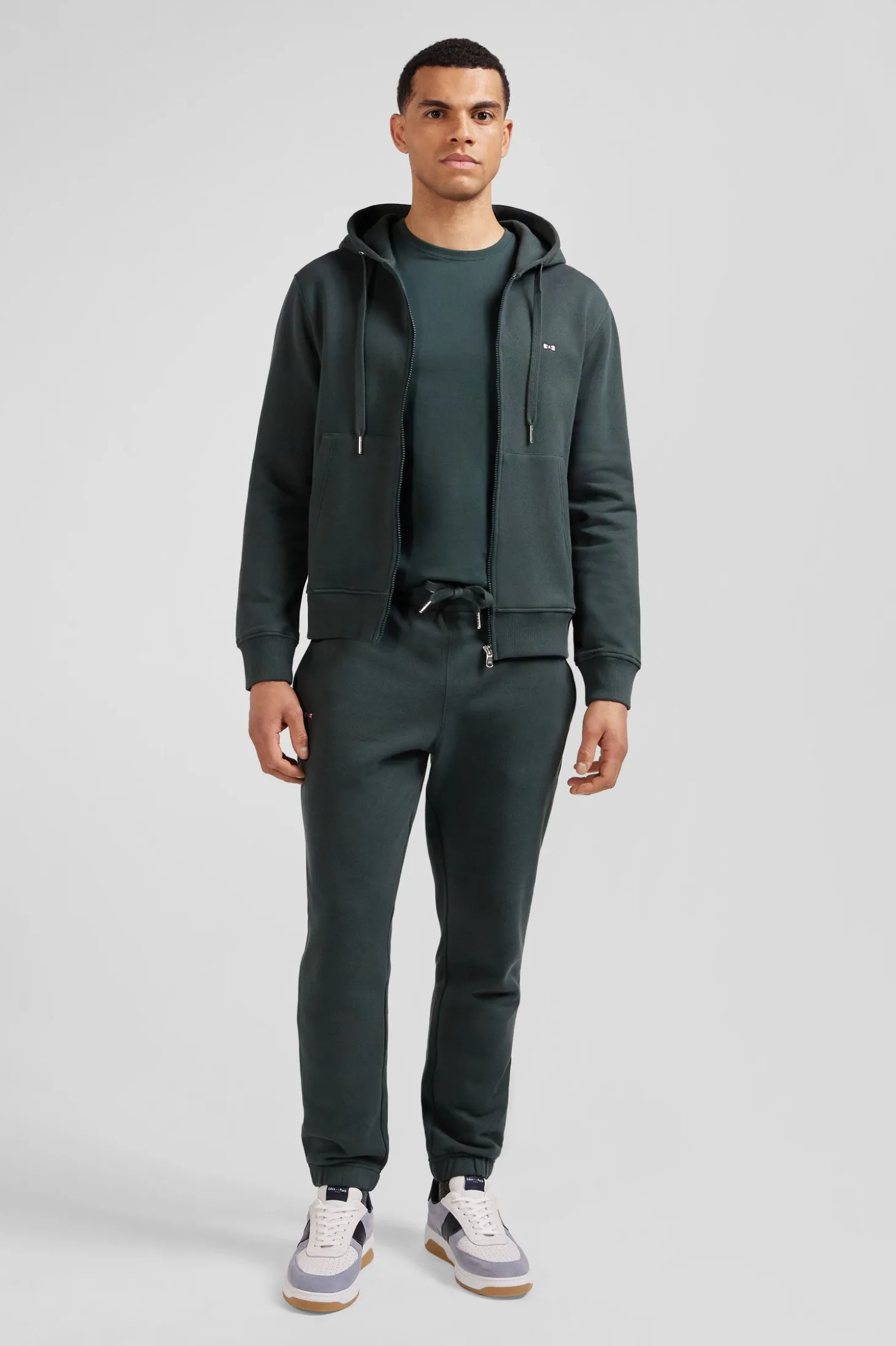 Sweatshirt zippé à capuche en molleton coton vert coupe Regular