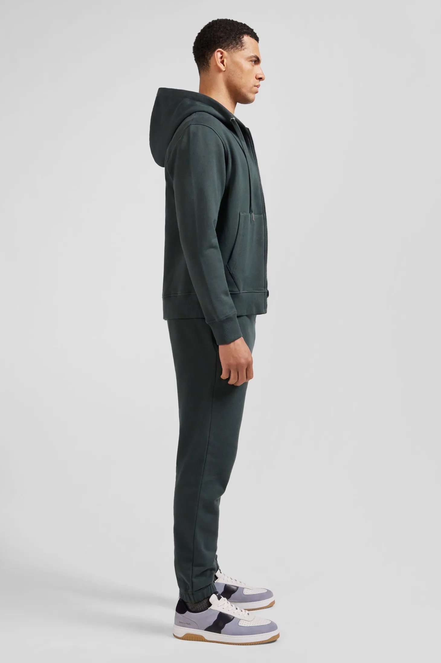Sweatshirt zippé à capuche en molleton coton vert coupe Regular