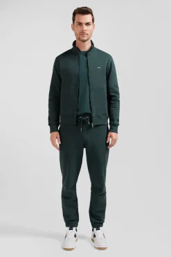 Sweatshirt zippé à col montant en molleton coton uni vert coupe Regular