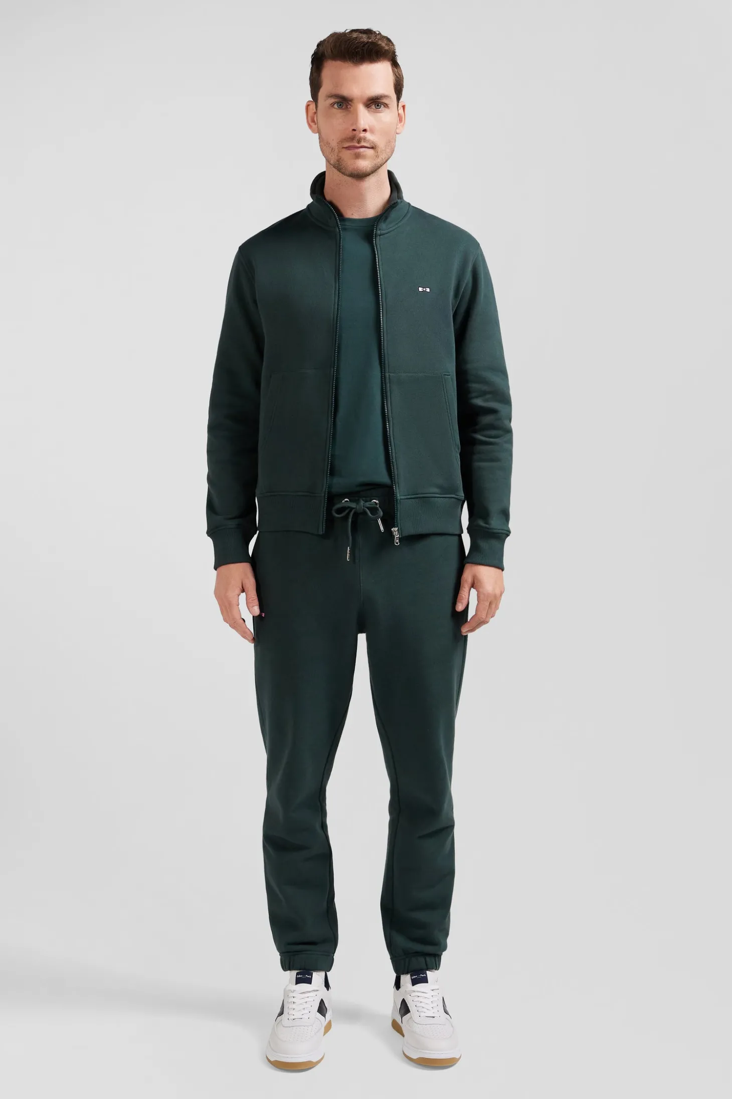 Sweatshirt zippé à col montant en molleton coton uni vert coupe Regular