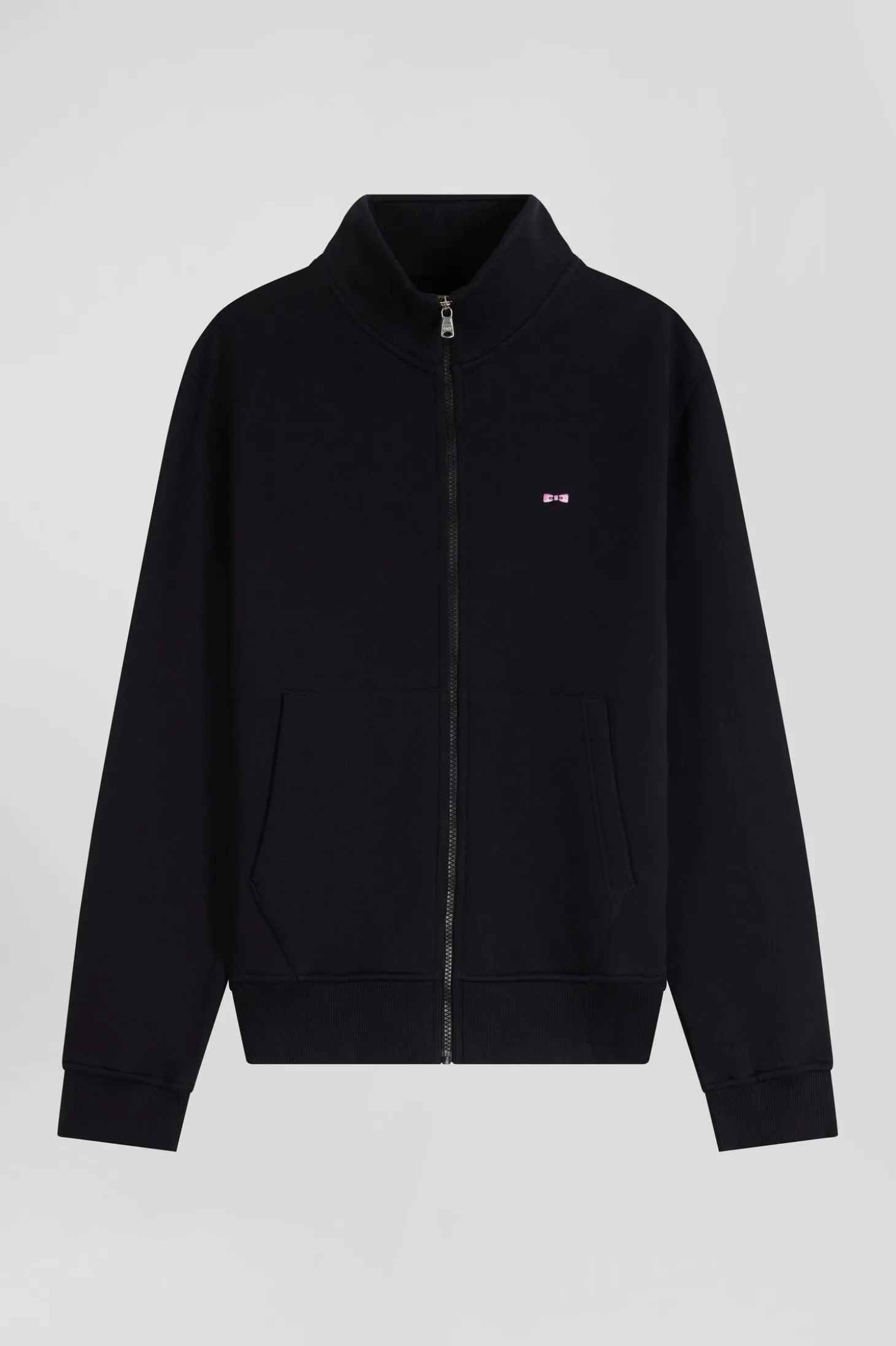 Sweatshirt zippé à col montant en molleton coton uni noir coupe Regular