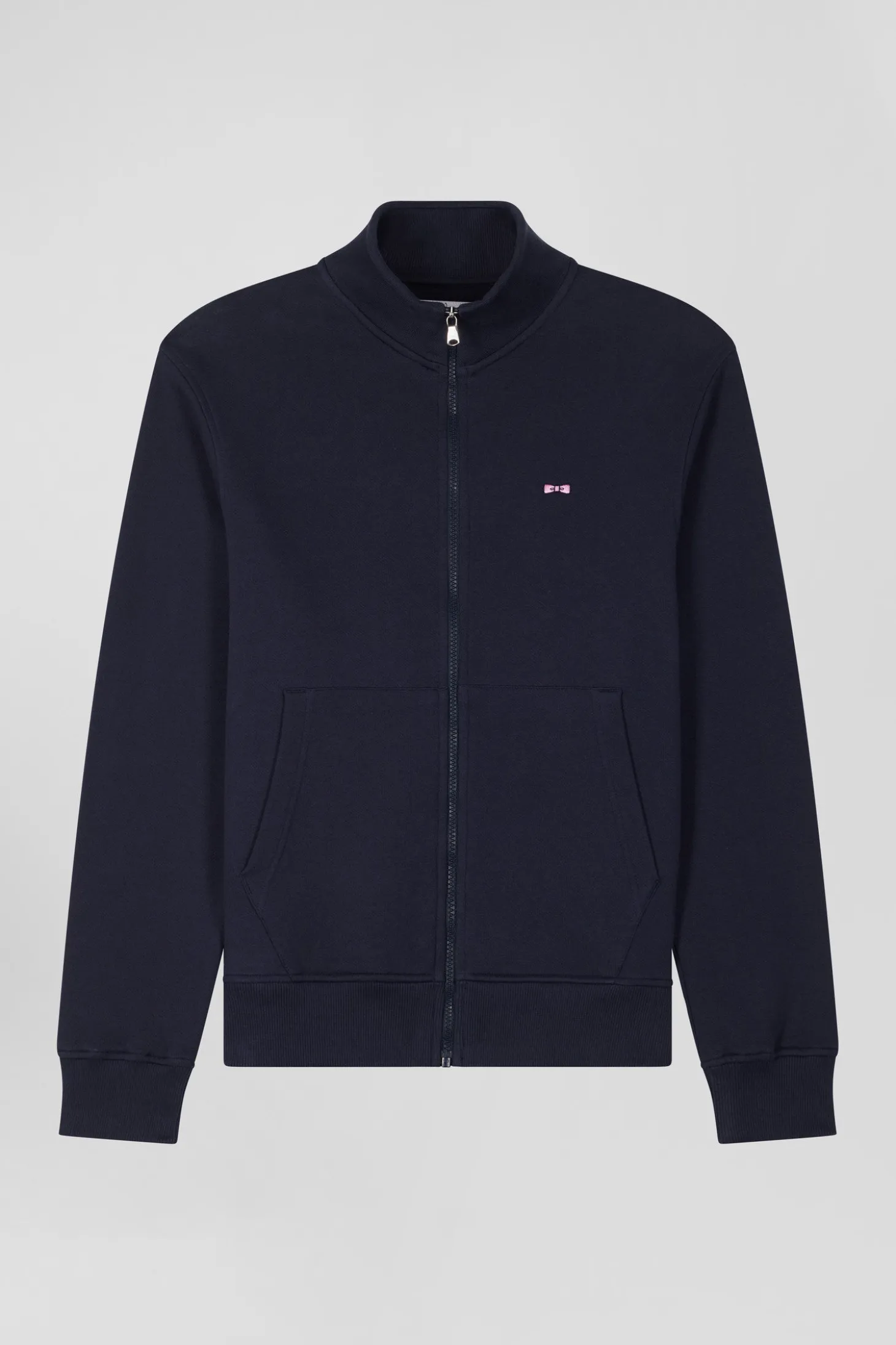 Sweatshirt zippé à col montant en molleton coton uni bleu marine coupe Regular