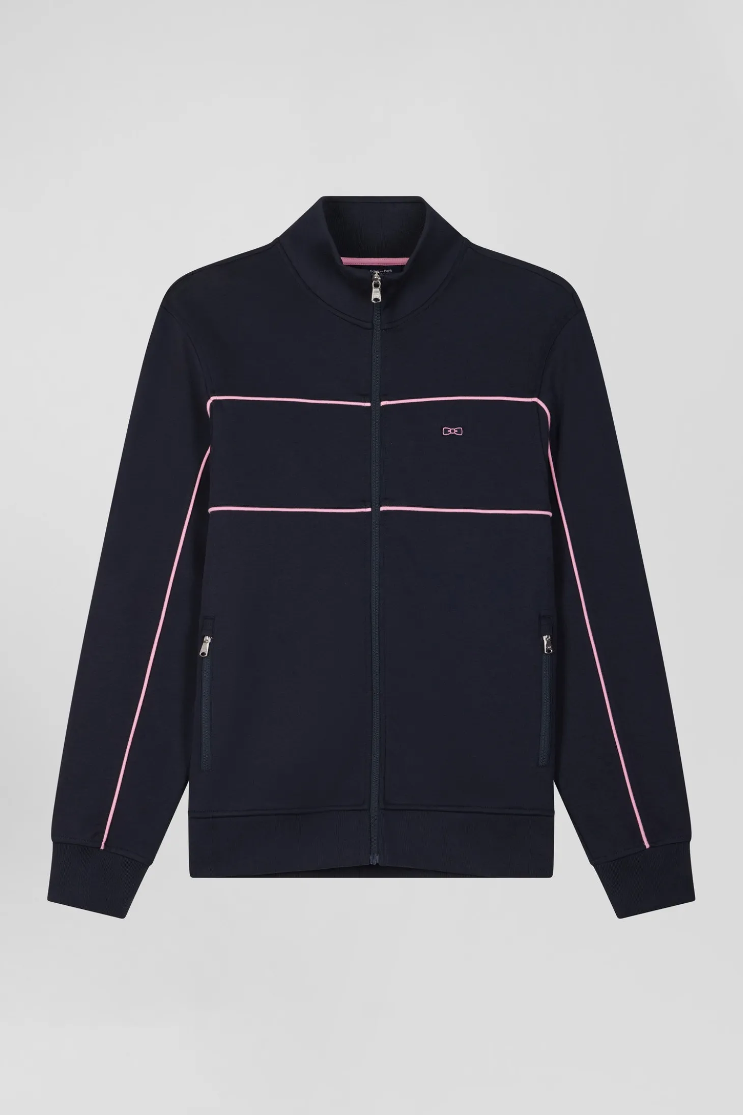 Sweatshirt zippé à col montant bleu marine passepoil rose coupe Regular