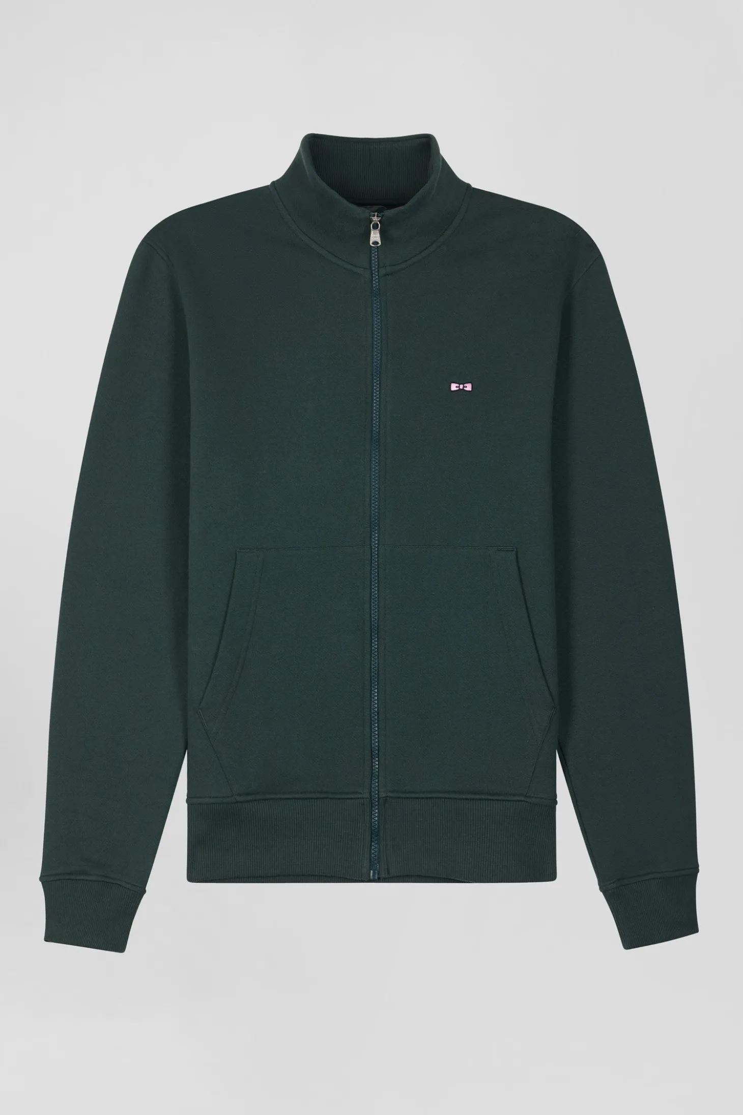 Sweatshirt zippé à col montant en molleton coton uni vert coupe Regular