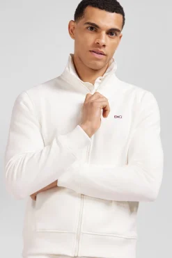 Sweatshirt zippé à col montant en molleton coton uni écru coupe Regular