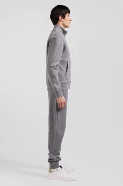 Sweatshirt zippé à col montant en molleton coton uni gris coupe Regular