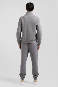 Sweatshirt zippé à col montant en molleton coton uni gris coupe Regular