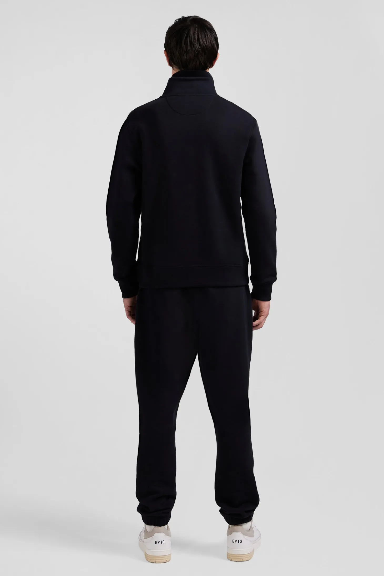 Sweatshirt zippé à col montant en molleton coton uni noir coupe Regular
