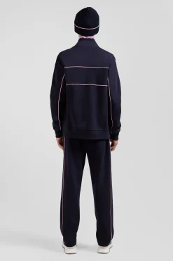 Sweatshirt zippé à col montant bleu marine passepoil rose coupe Regular