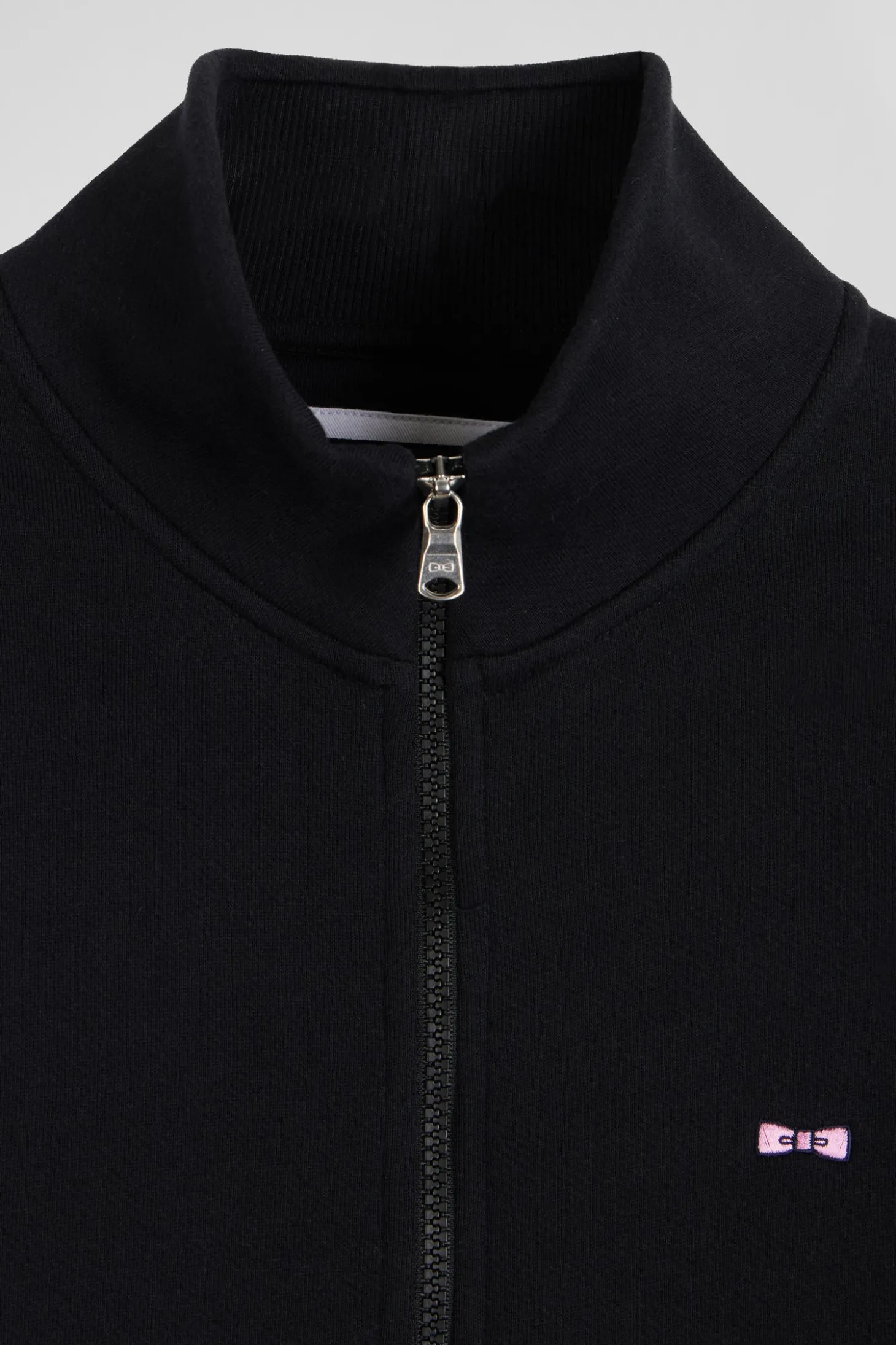 Sweatshirt zippé à col montant en molleton coton uni noir coupe Regular