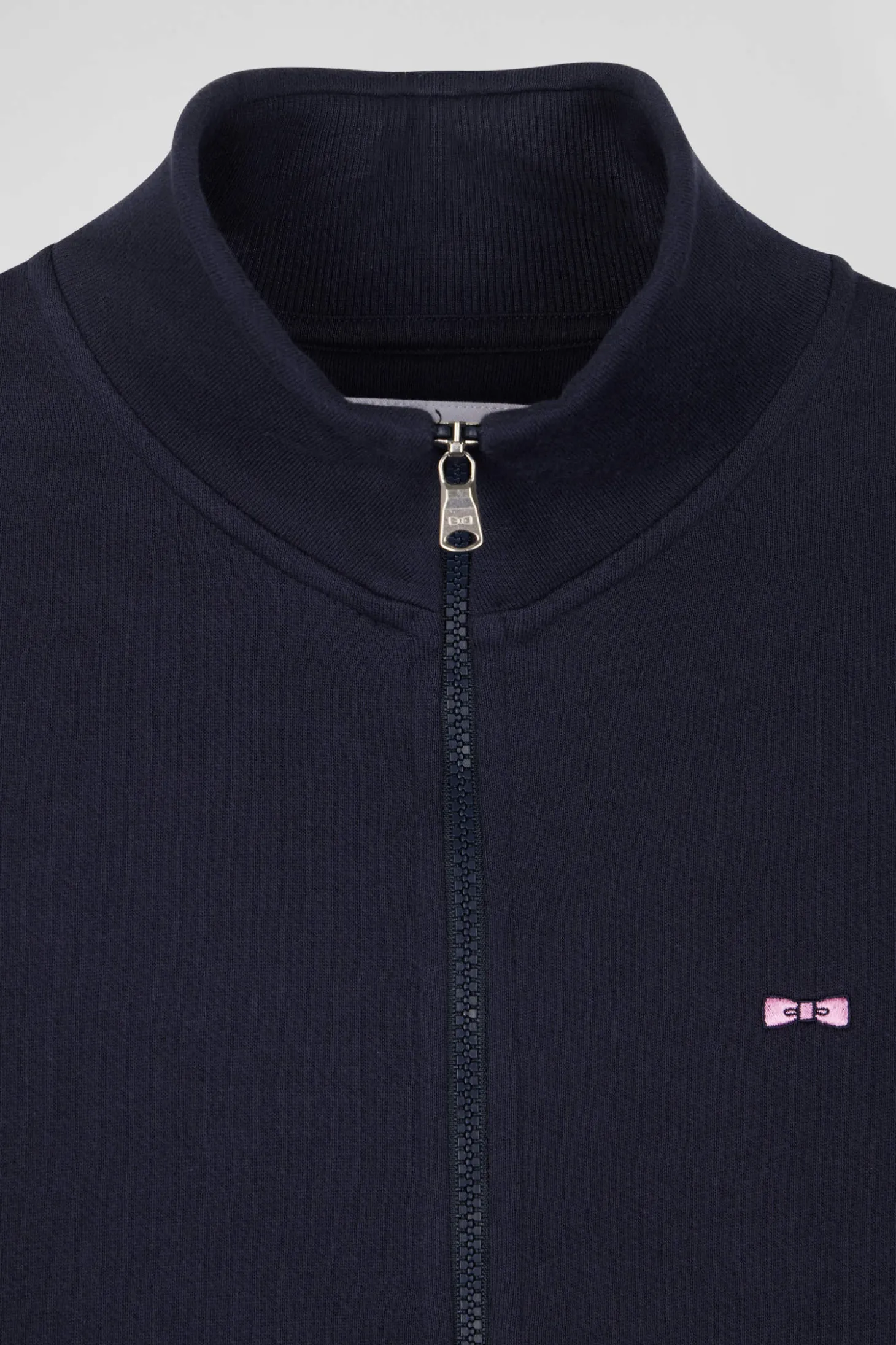 Sweatshirt zippé à col montant en molleton coton uni bleu marine coupe Regular