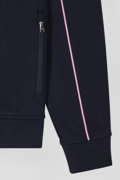Sweatshirt zippé à col montant bleu marine passepoil rose coupe Regular