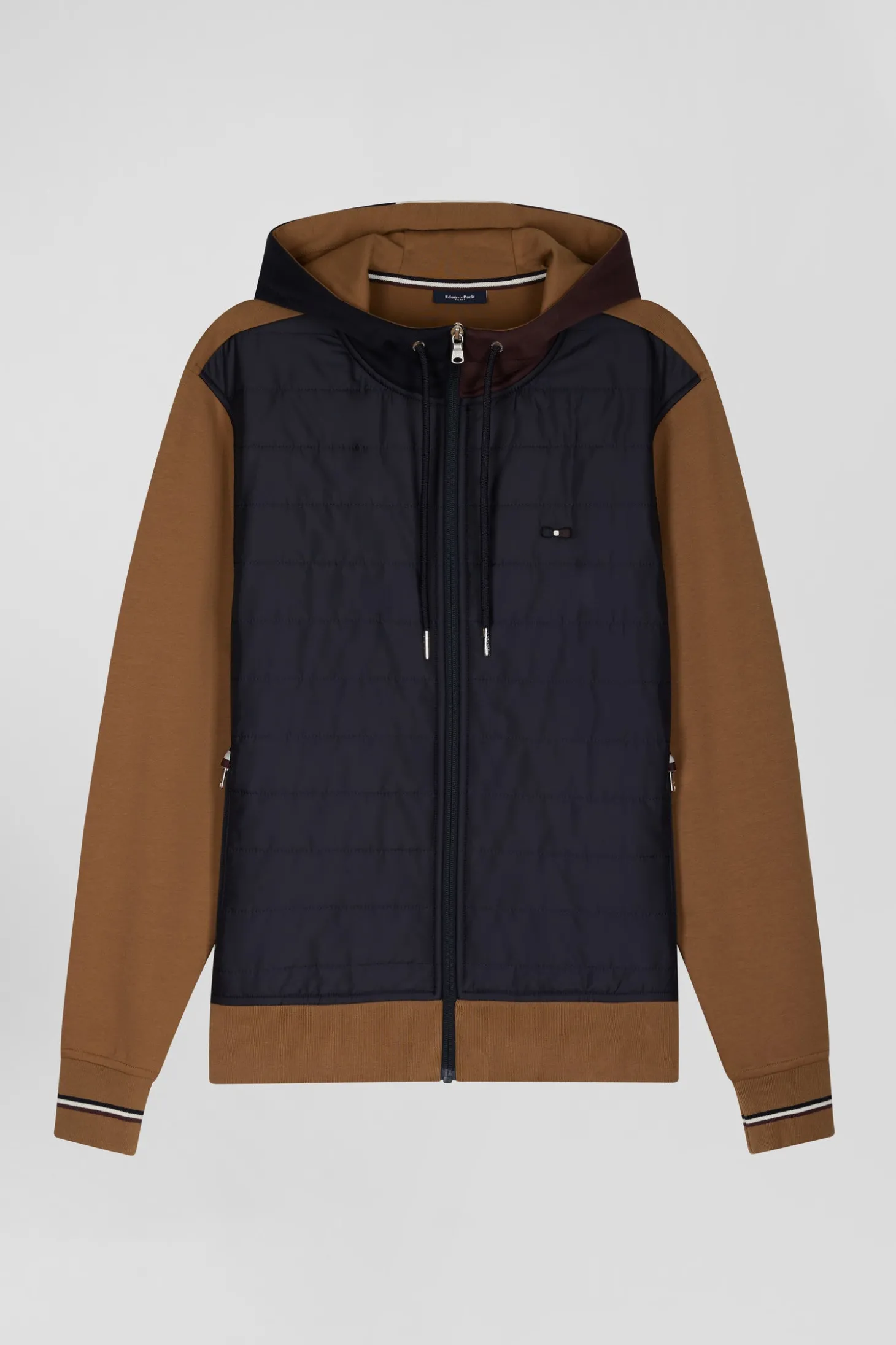 Sweatshirt zippé bimatière à parmenture matelassée camel et marine coupe Regular