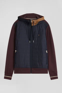Sweatshirt zippé bimatière à parmenture matelassée bordeaux et marine coupe Regular