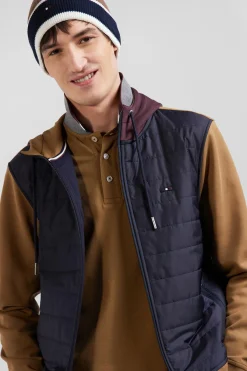 Sweatshirt zippé bimatière à parmenture matelassée camel et marine coupe Regular