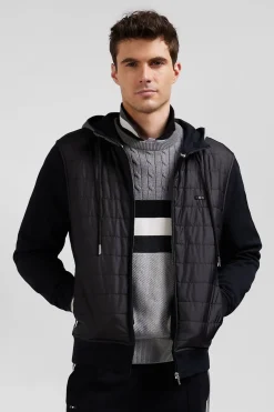 Sweatshirt zippé bimatière à parmenture matelassée noir et marine coupe Regular