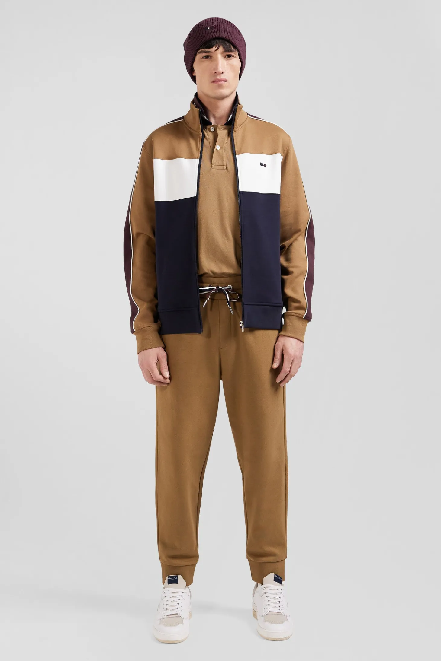 Sweatshirt zippé colorblock en coton mélangé camel coupe Regular