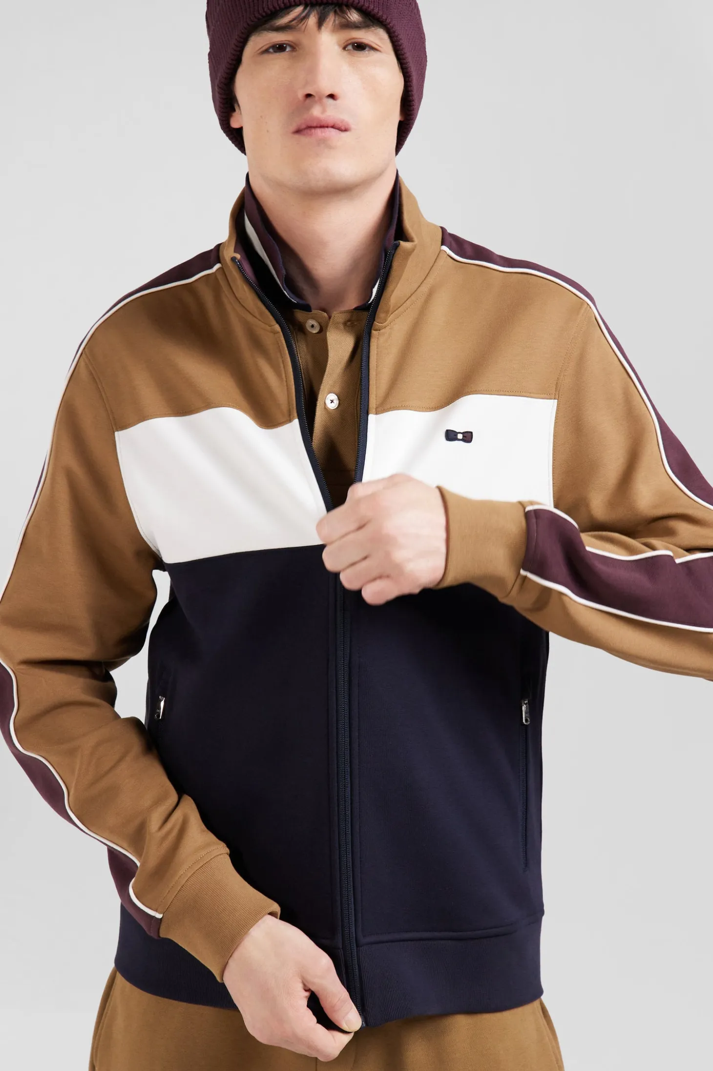 Sweatshirt zippé colorblock en coton mélangé camel coupe Regular