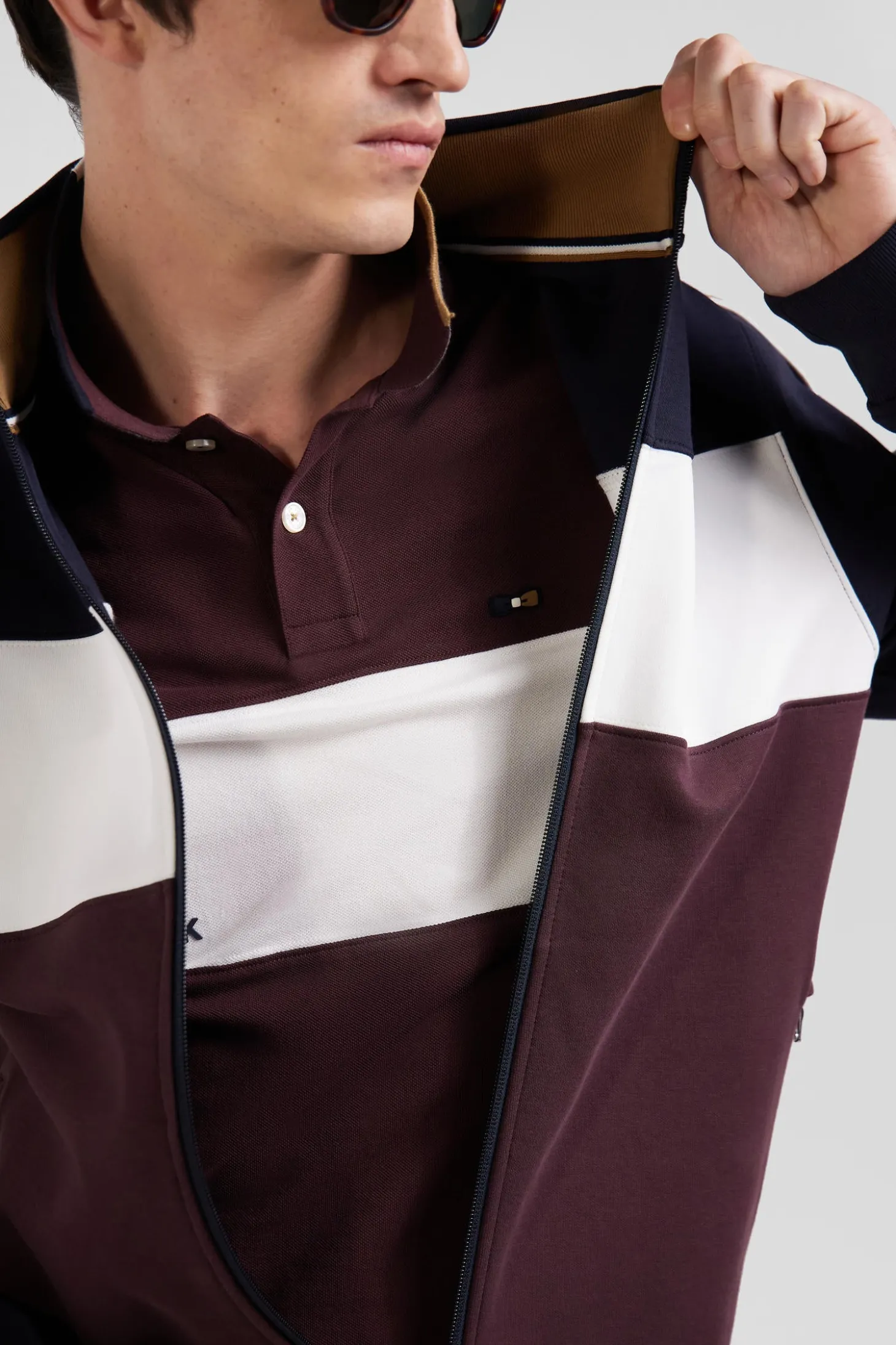 Sweatshirt zippé colorblock en coton mélangé bordeaux coupe Regular