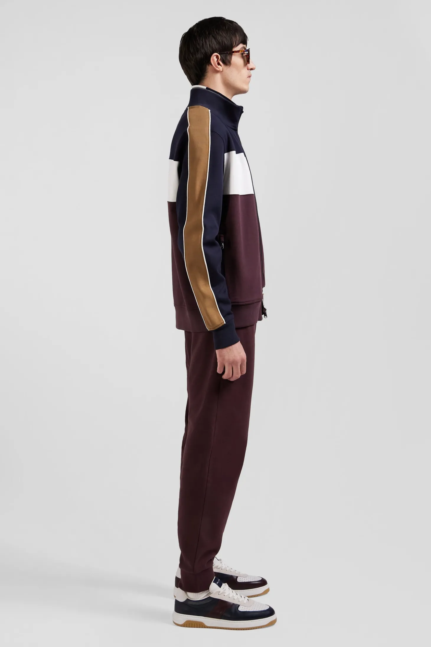 Sweatshirt zippé colorblock en coton mélangé bordeaux coupe Regular