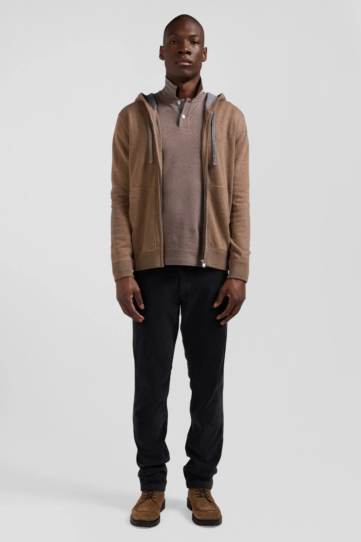 Sweatshirt zippé en maille laine et coton marron coupe Regular