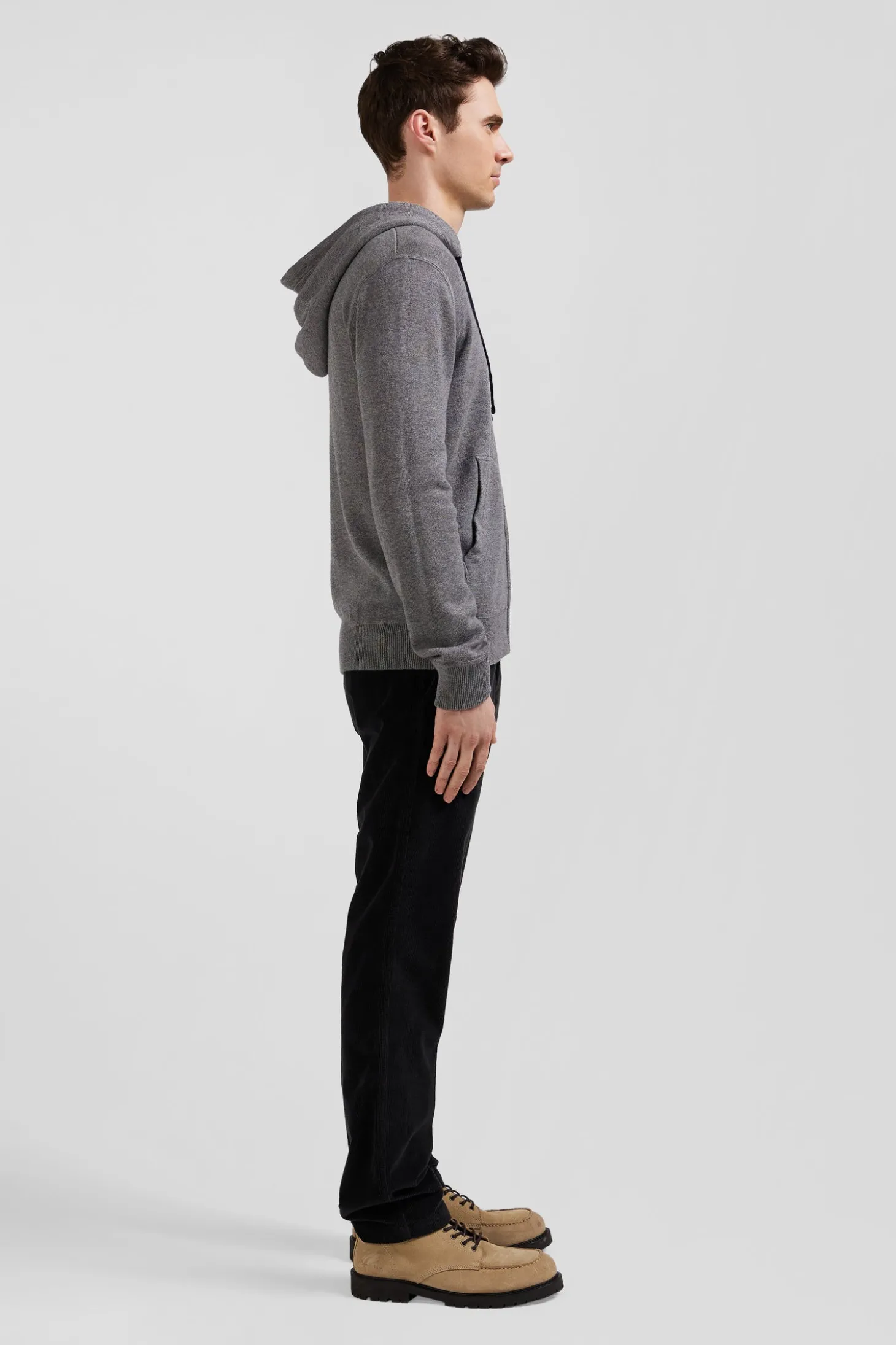 Sweatshirt zippé en maille laine et coton gris coupe Regular