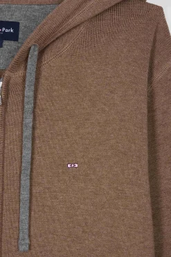 Sweatshirt zippé en maille laine et coton marron coupe Regular