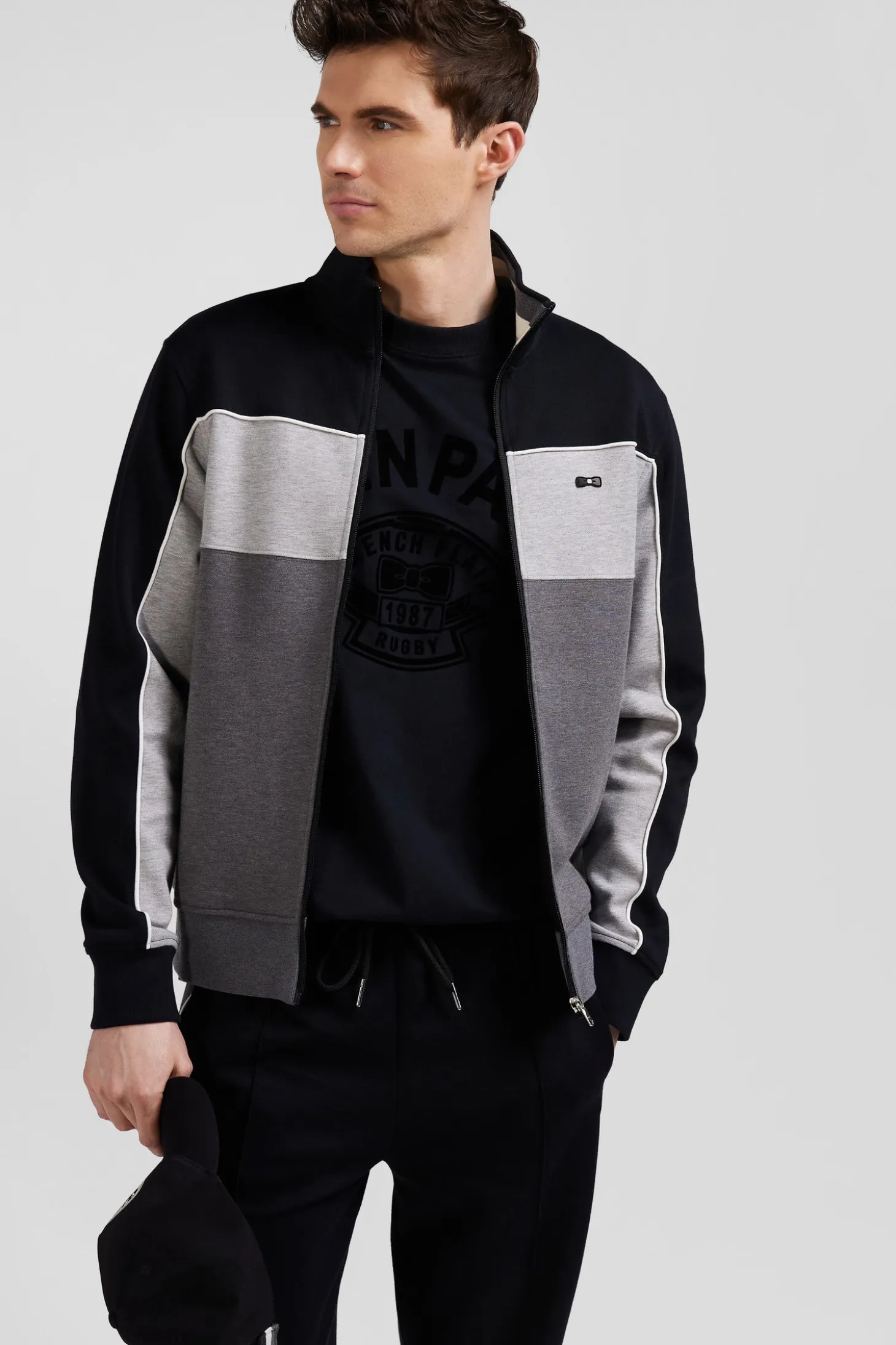 Sweatshirt zippé tricolore en coton mélangé noir coupe Regular