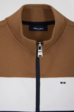 Sweatshirt zippé tricolore à col montant en coton mélangé camel coupe Regular