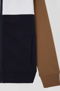 Sweatshirt zippé tricolore à col montant en coton mélangé camel coupe Regular