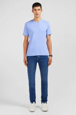T-shirt bleu col V à manches courtes