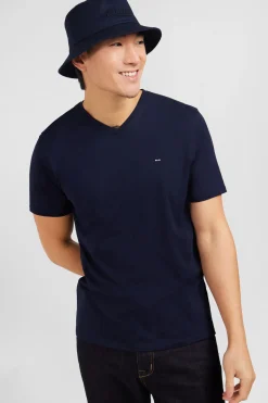T-shirt bleu marine col V à manches courtes