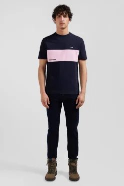 T-shirt manches courtes bicolore en coton bleu marine et rose coupe Regular