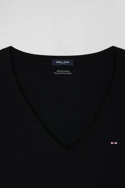 T-shirt manches courtes col V en coton noir coupe Regular