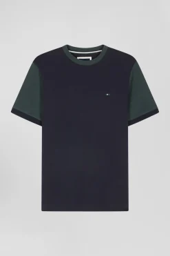 T-shirt manches courtes en coton vert à manches contrastées coupe Regular